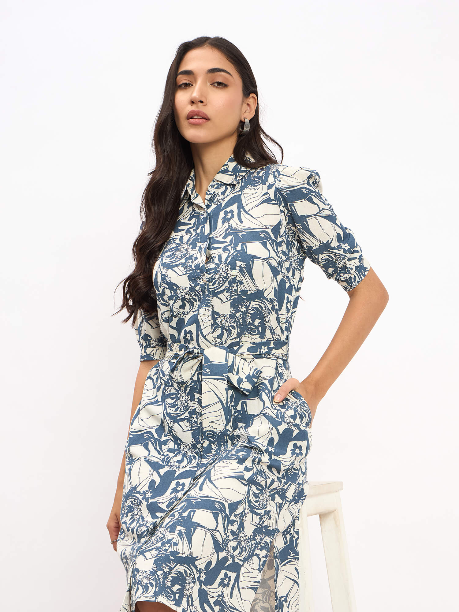 Benny Elbow Sleeve Shirt Dress - Blue