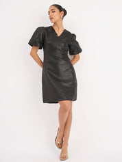 Rebel V-Neck Puff Sleeve Dress - Black