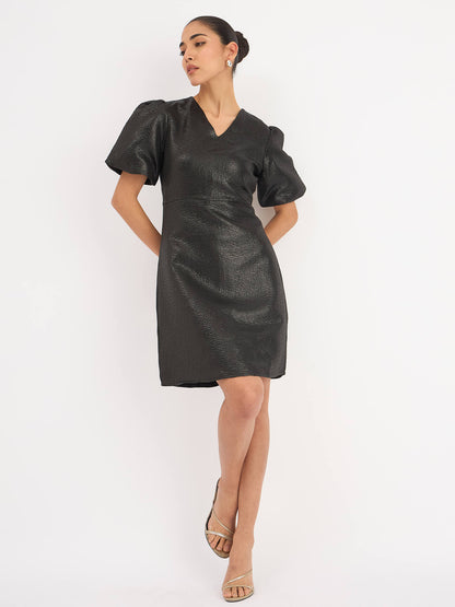 Rebel V-Neck Puff Sleeve Dress - Black