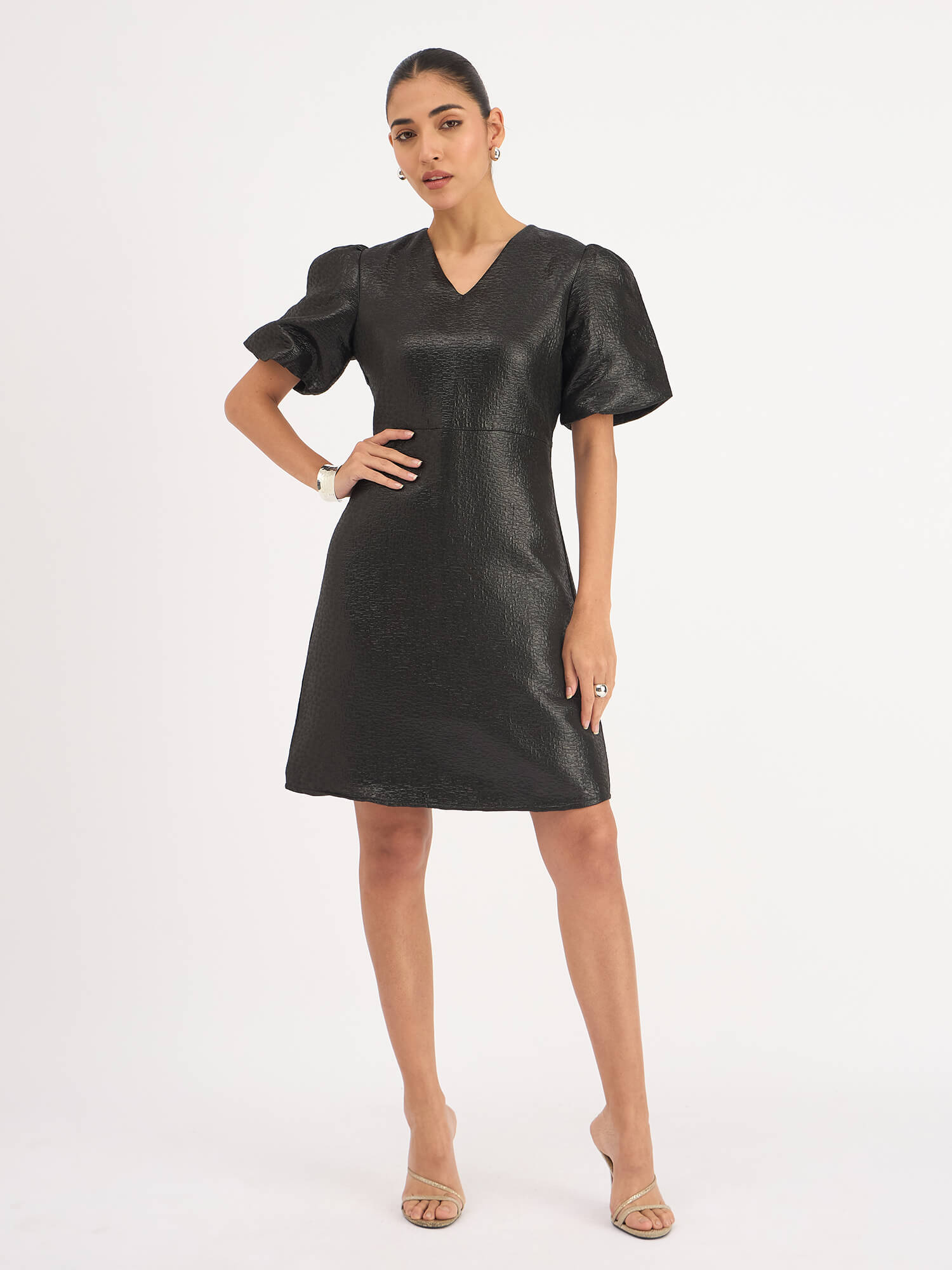 Rebel V-Neck Puff Sleeve Dress - Black