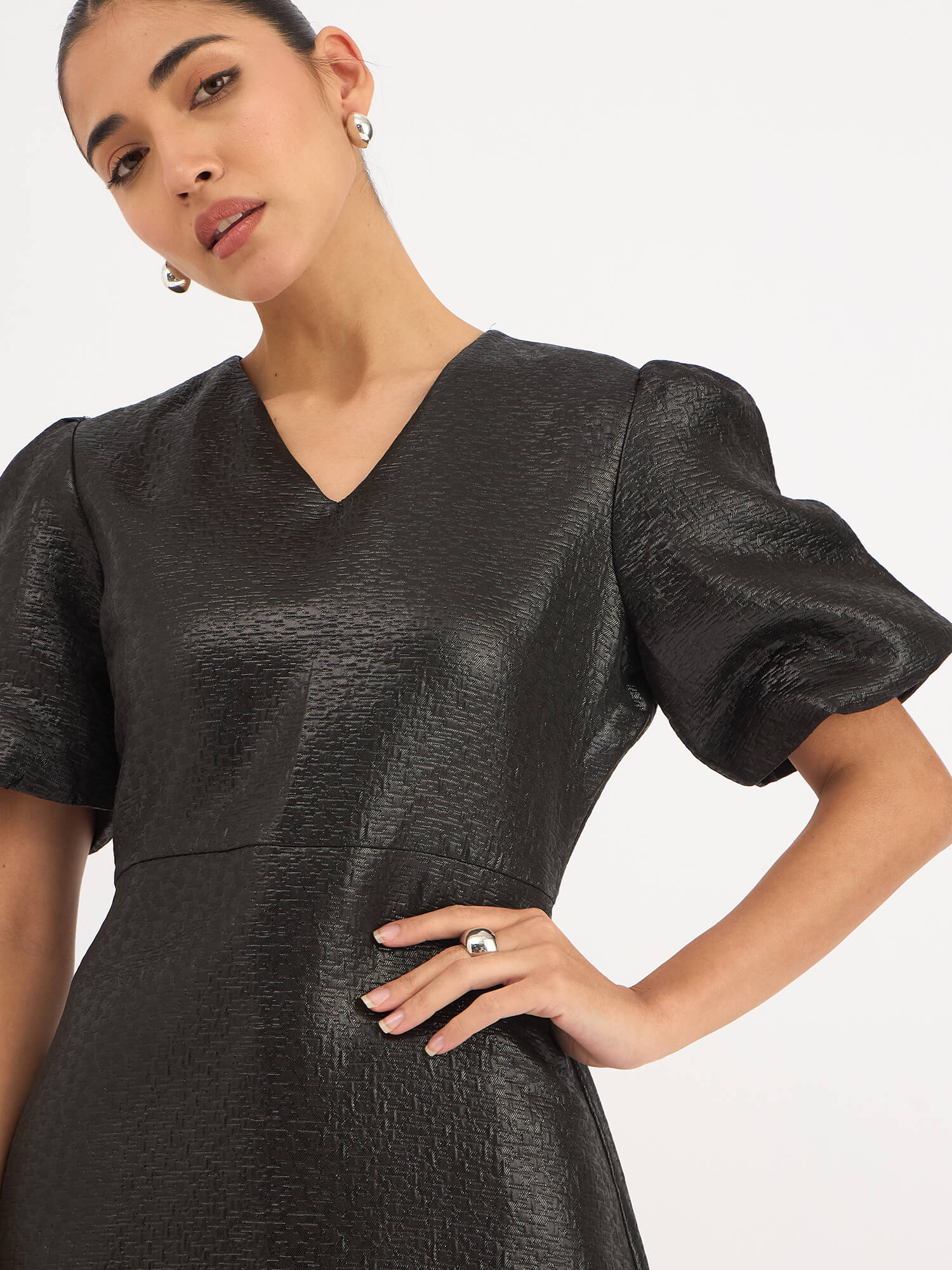 Rebel V-Neck Puff Sleeve Dress - Black - SALT Attire