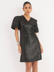 Rebel V-Neck Puff Sleeve Dress - Black