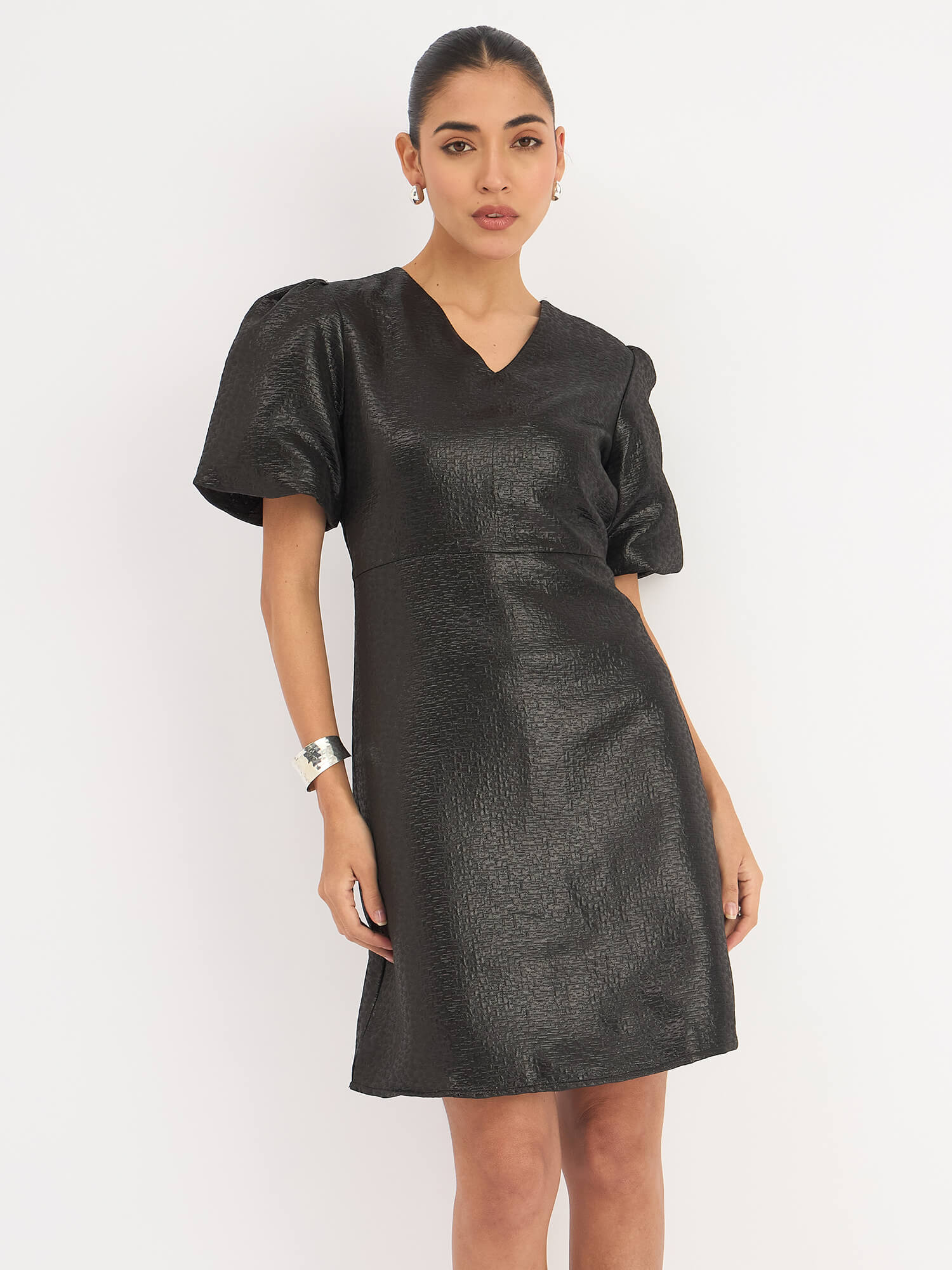 Rebel V-Neck Puff Sleeve Dress - Black - SALT Attire