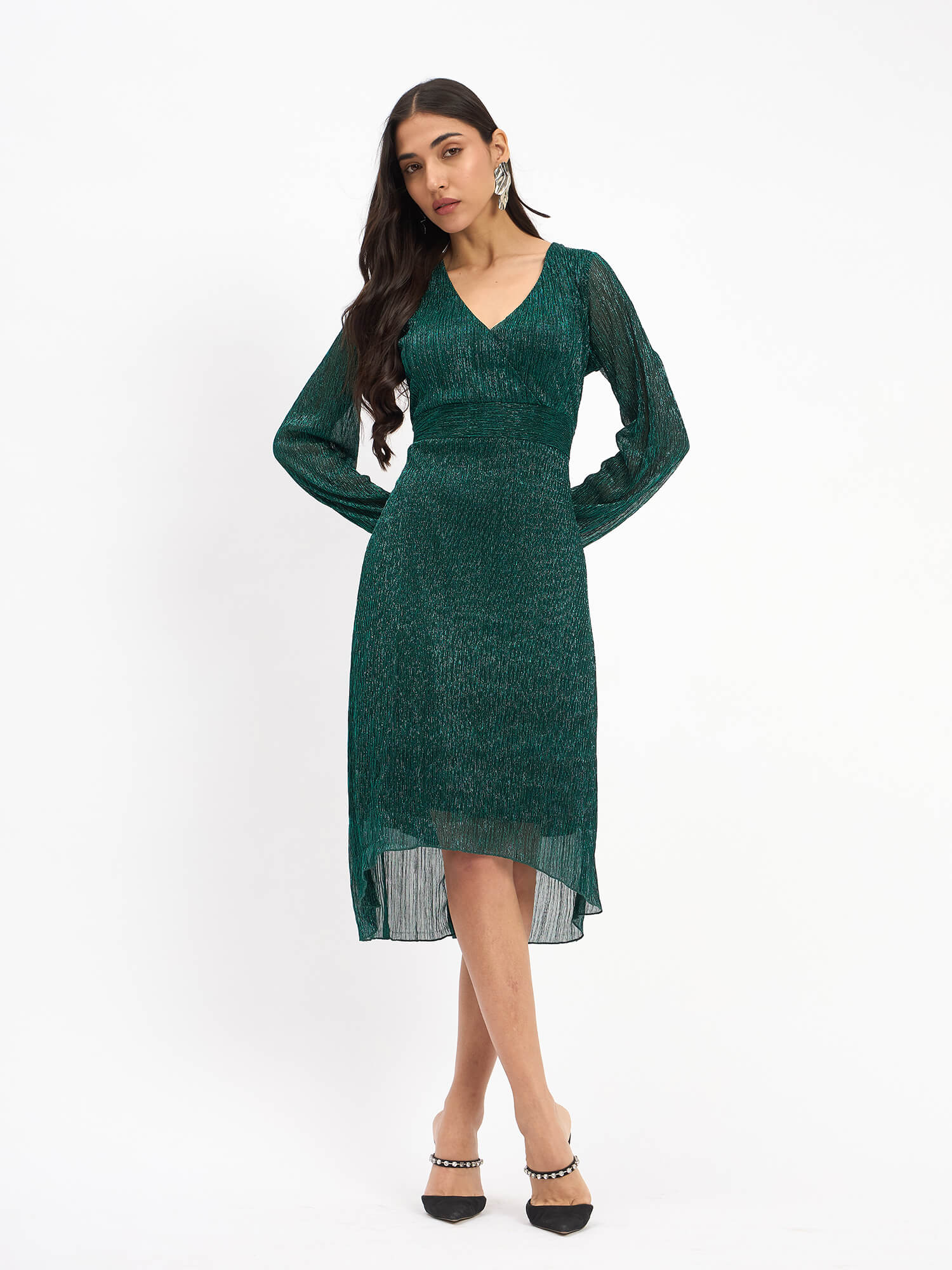 Beyonce Plisse Faux Wrap Dress -Green