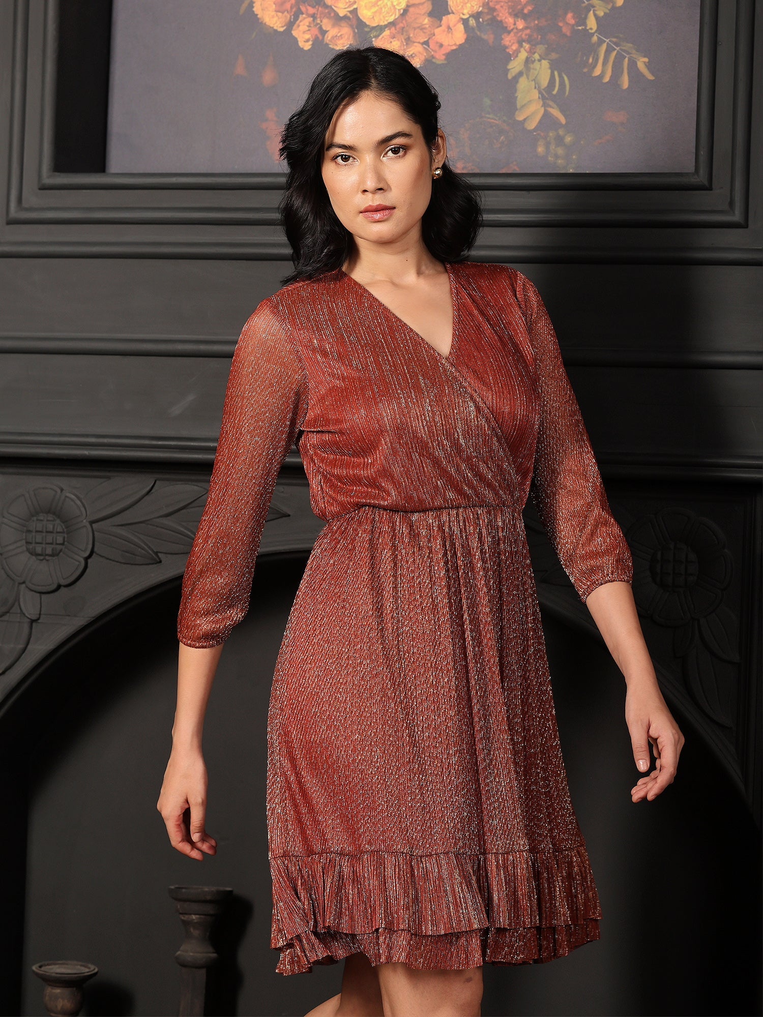 Joanna Elasticated Ruffle Dress - Rust