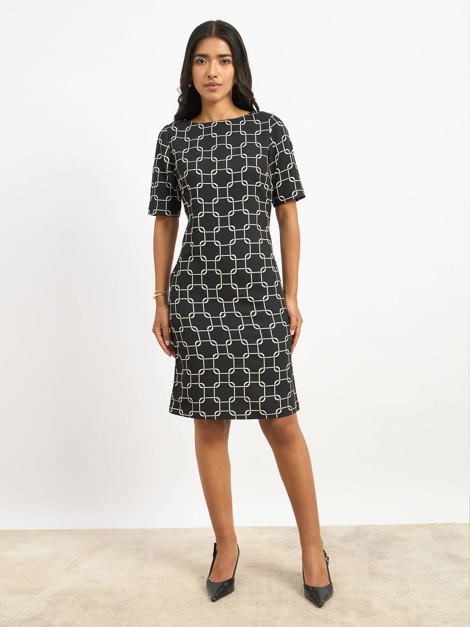 Quadrate Printed Shift Dress - Black - SALT Attire