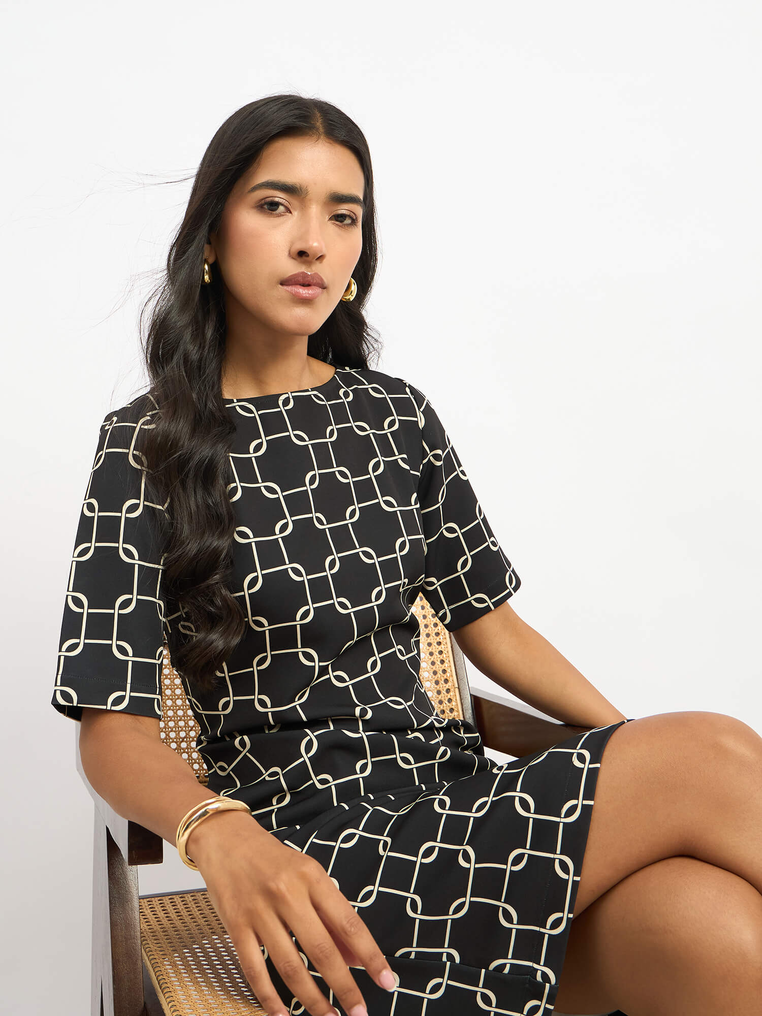 Quadrate Printed Shift Dress - Black - SALT Attire
