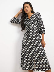 Rowan Printed Faux Button Midi Dress - Black & White