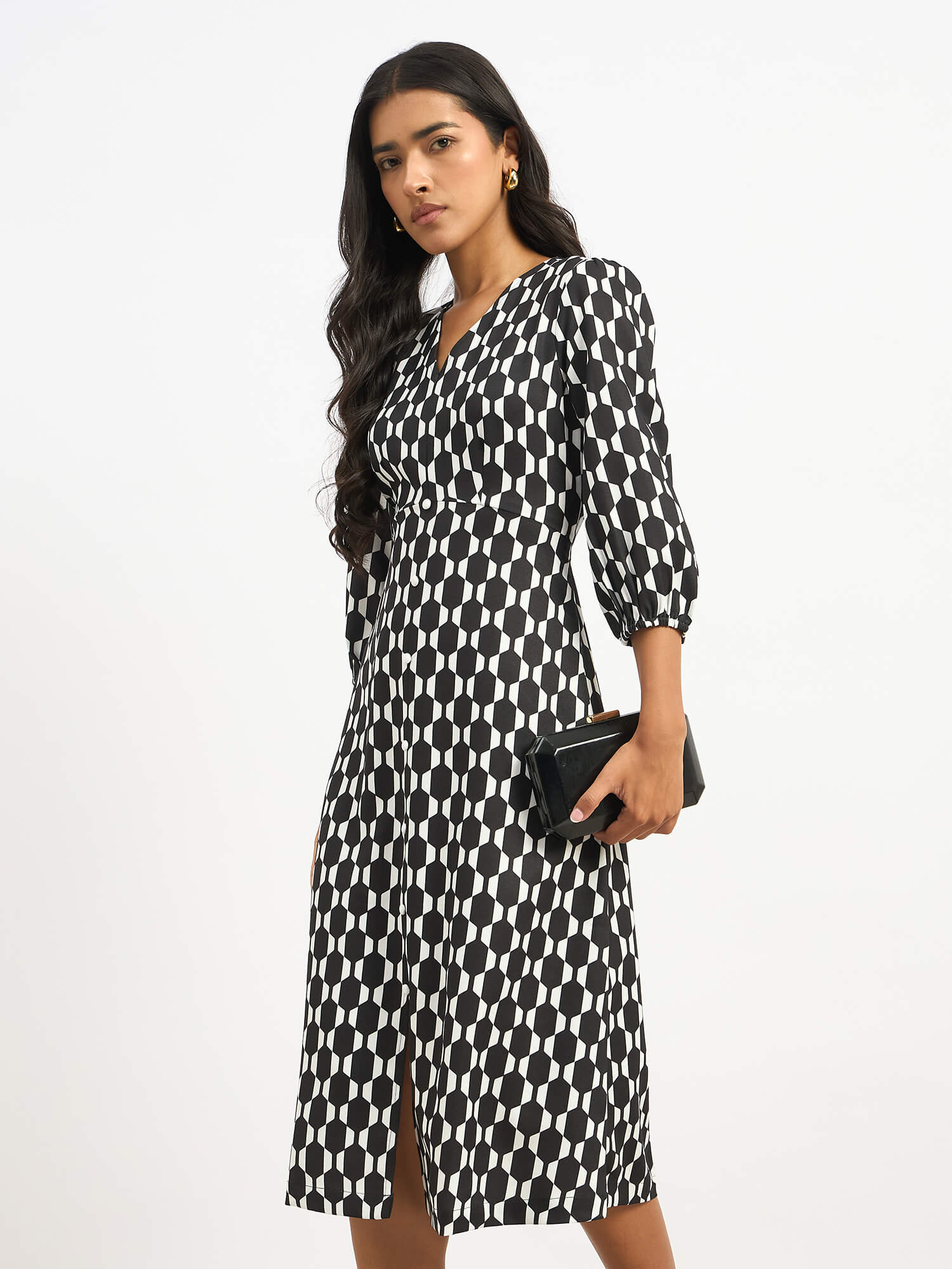 Rowan Printed Faux Button Midi Dress - Black & White