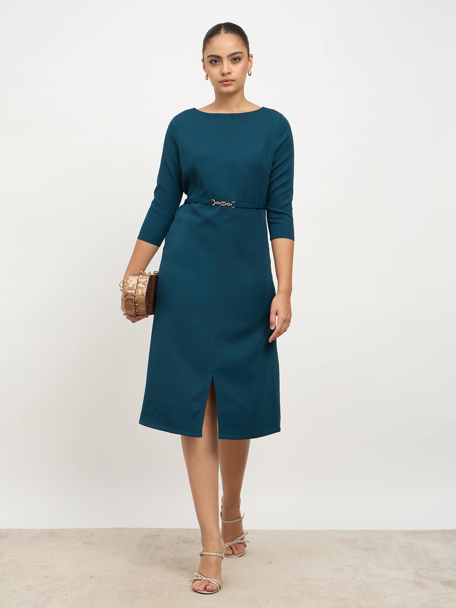 Erica Waist Embellishement Fit &amp; Flare Dress-Teal