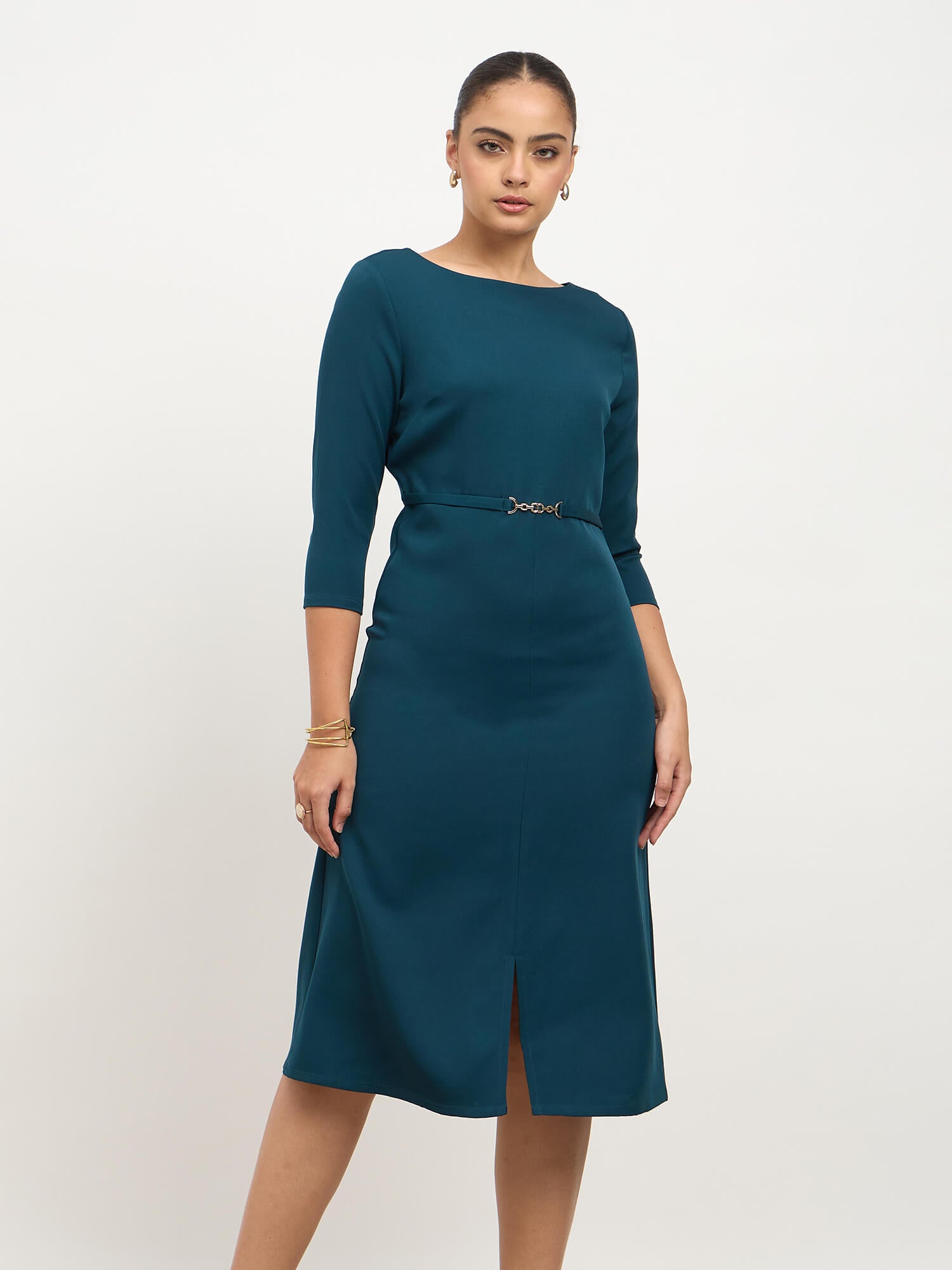 Erica Waist Embellishement Fit &amp; Flare Dress-Teal