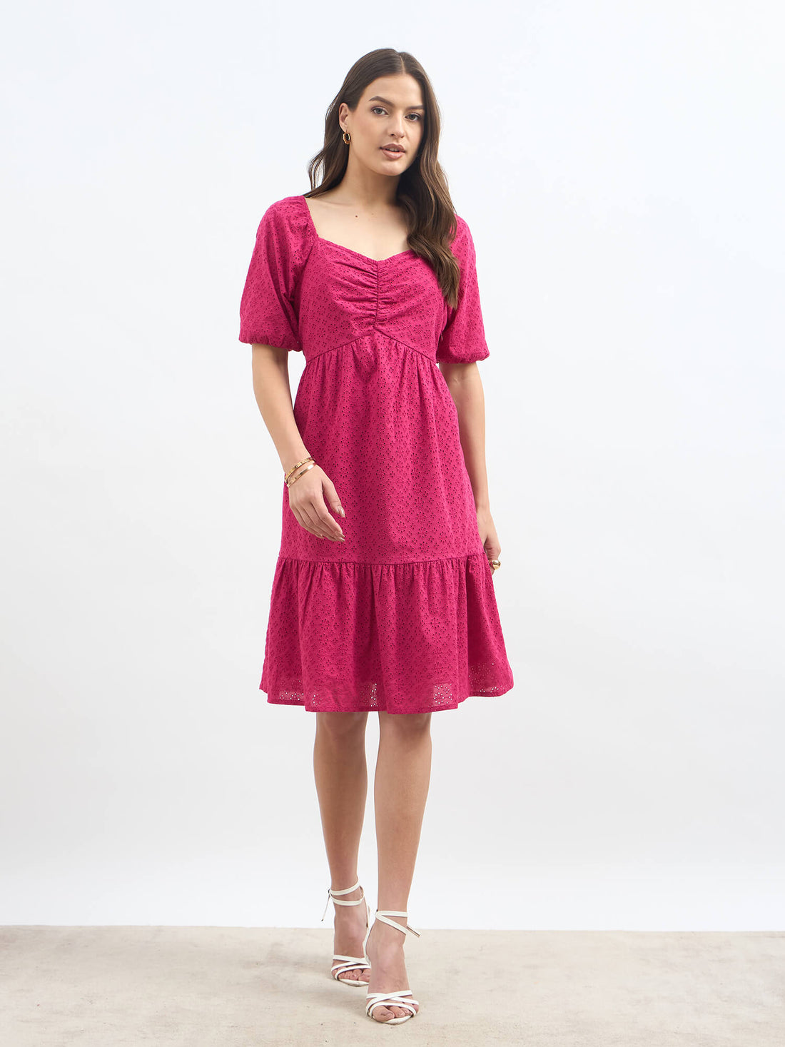 Frenetic Schiffli Ruched Detail Dress - Pink