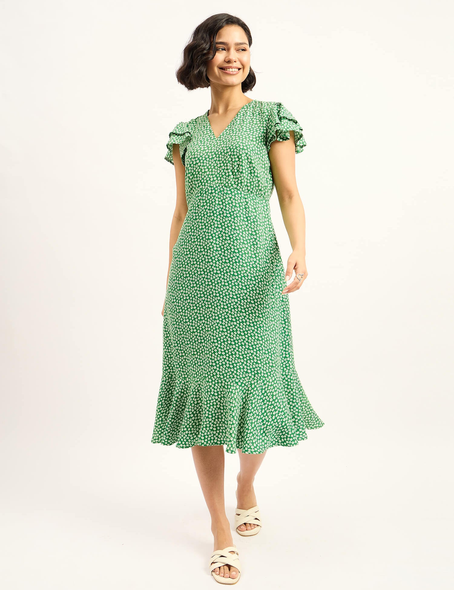 Botana Ruffled Sleeve Dress - Green & White