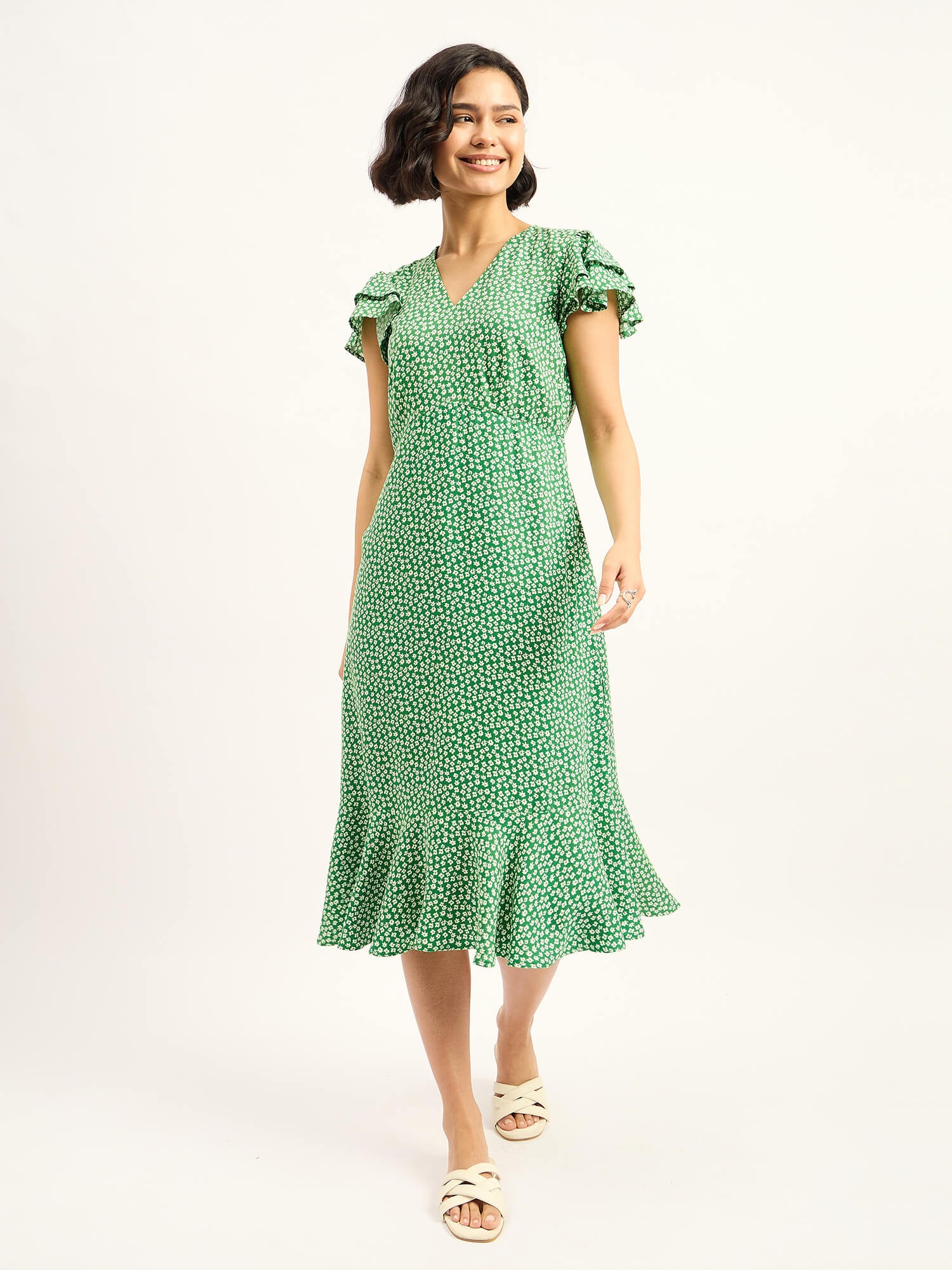 Botana Ruffled Sleeve Dress - Green & White