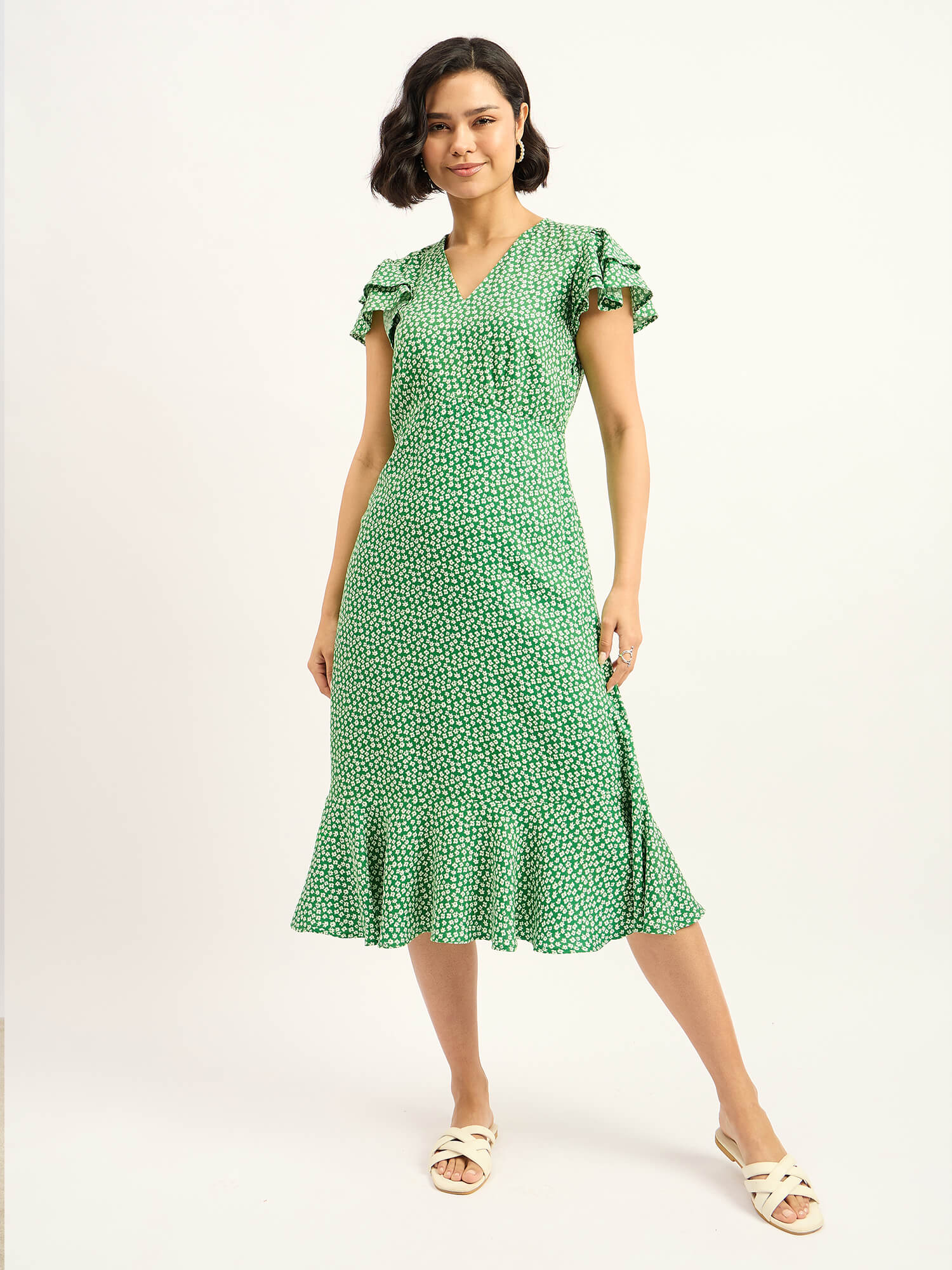 Botana Ruffled Sleeve Dress - Green & White