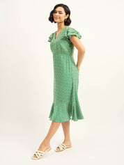 Botana Ruffled Sleeve Dress - Green & White