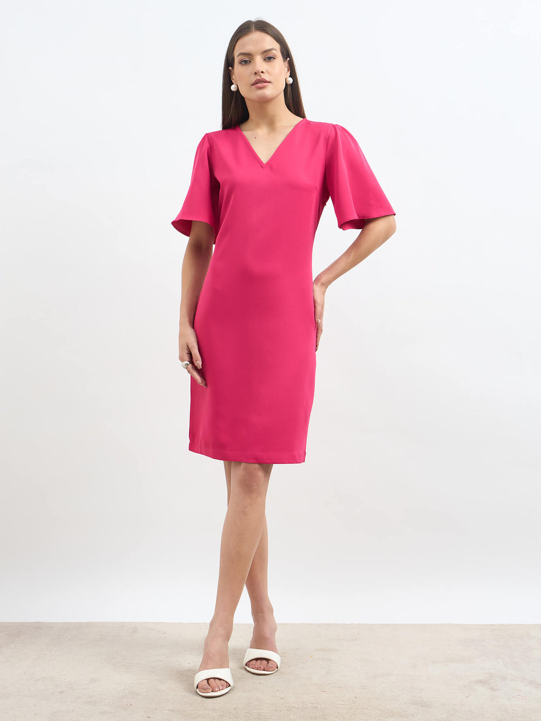 Evelyn Formal-Casual Flutter Sleeve Shift Dress - Hot Pink