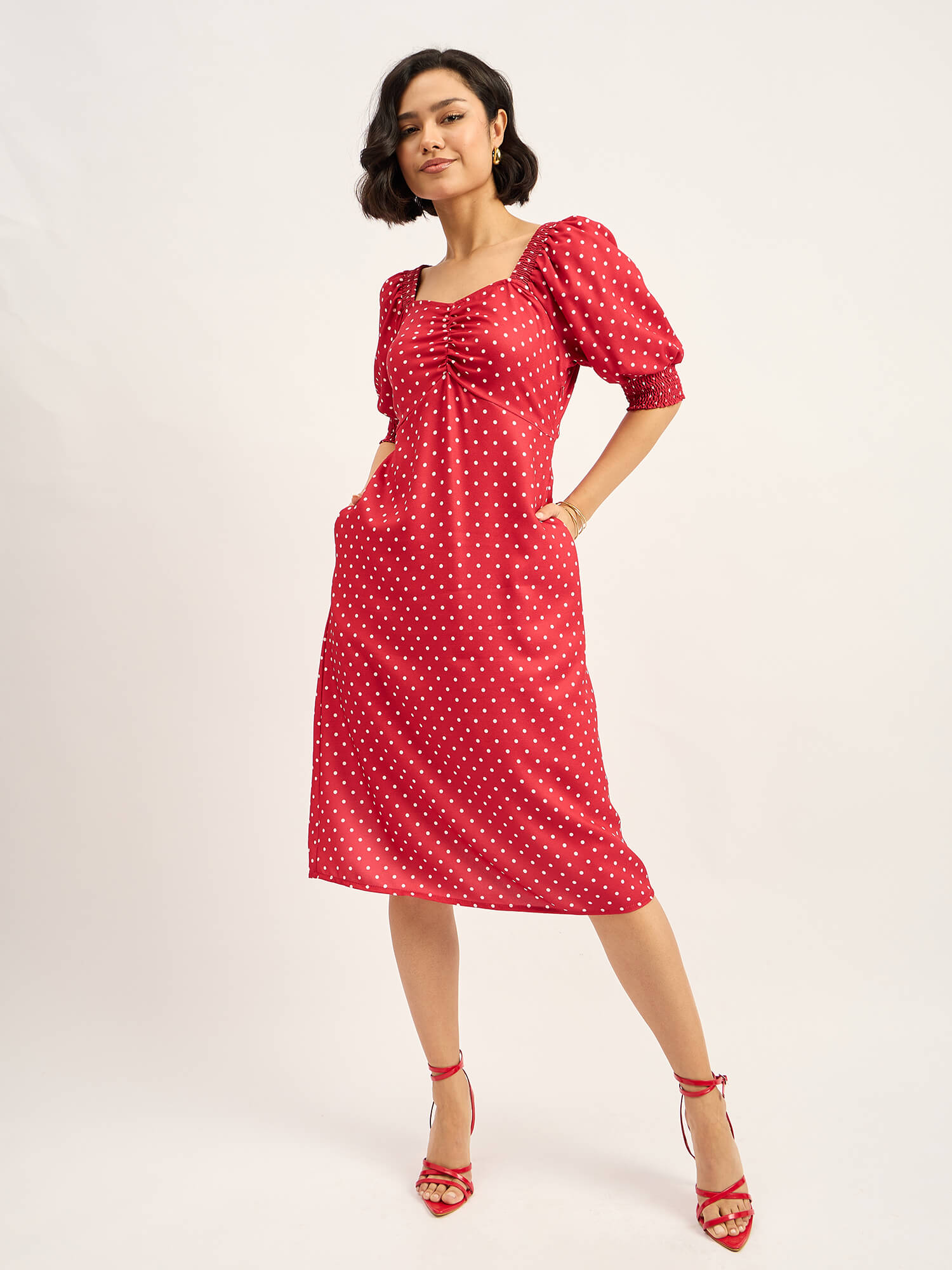 Rosso Polka Ruched Dress - Red