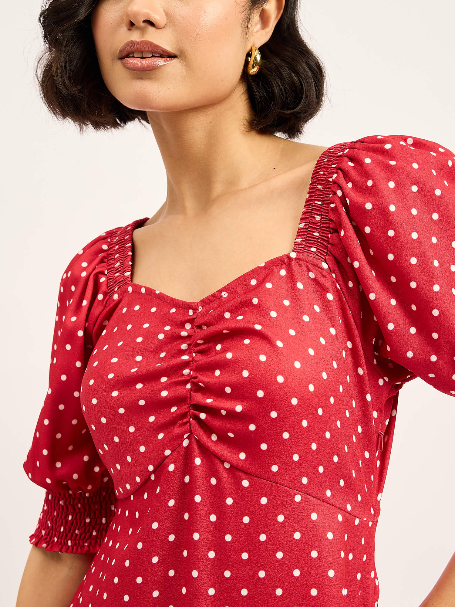 Rosso Polka Ruched Dress - Red