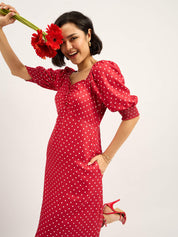 Rosso Polka Ruched Dress - Red