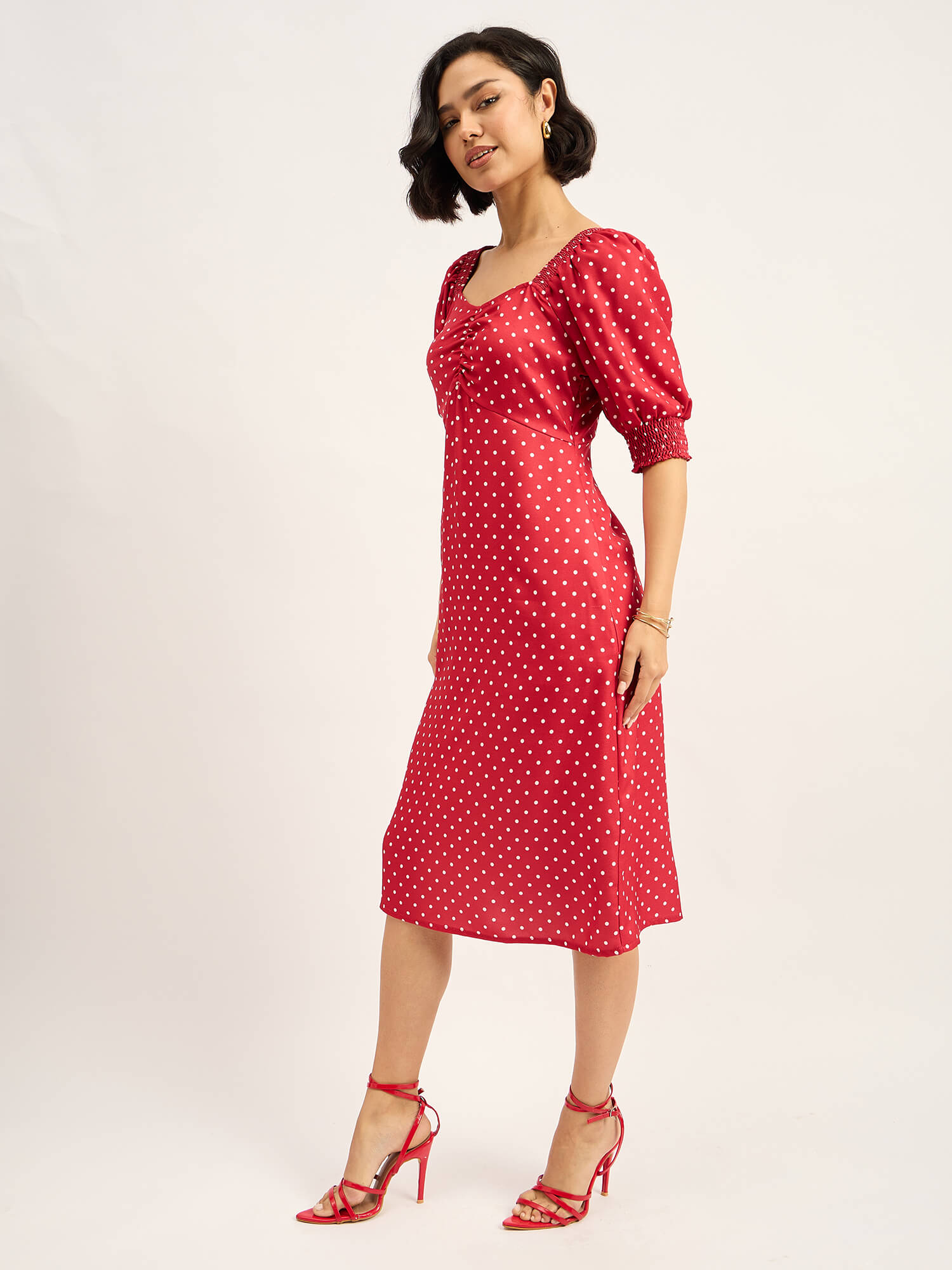 Rosso Polka Ruched Dress - Red