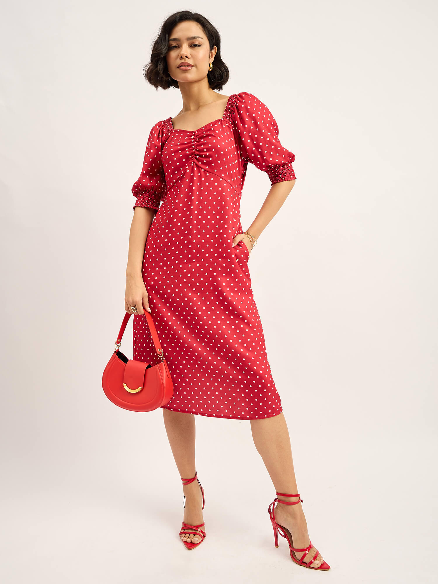 Rosso Polka Ruched Dress - Red