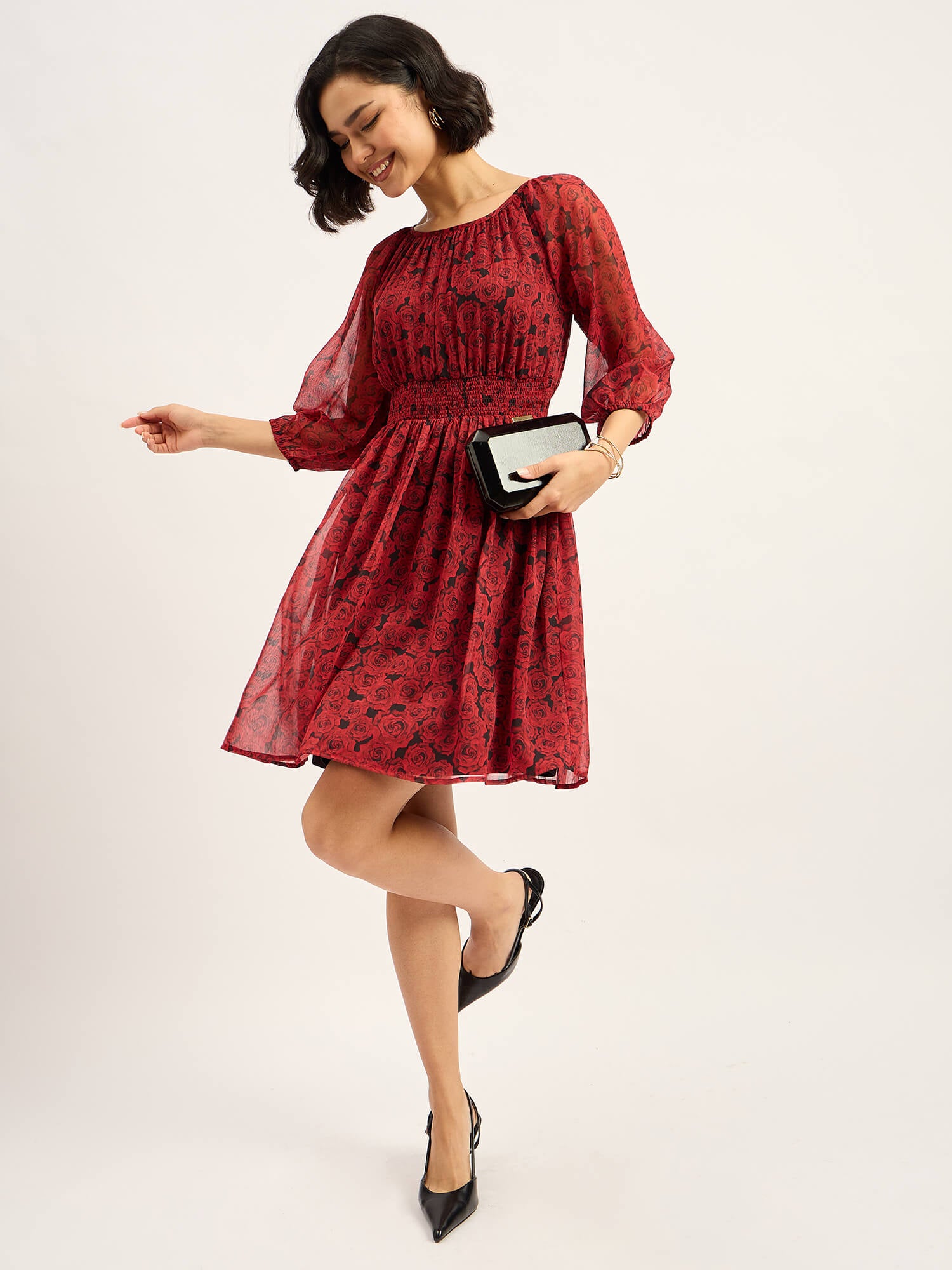 Rosae Smocked Flared Dress - Red & Black