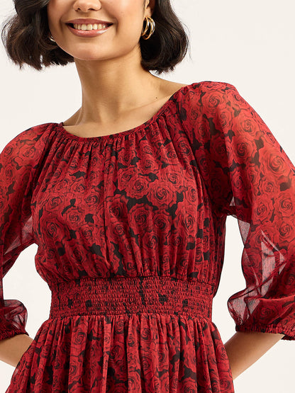 Rosae Smocked Flared Dress - Red &amp; Black