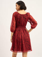 Rosae Smocked Flared Dress - Red & Black