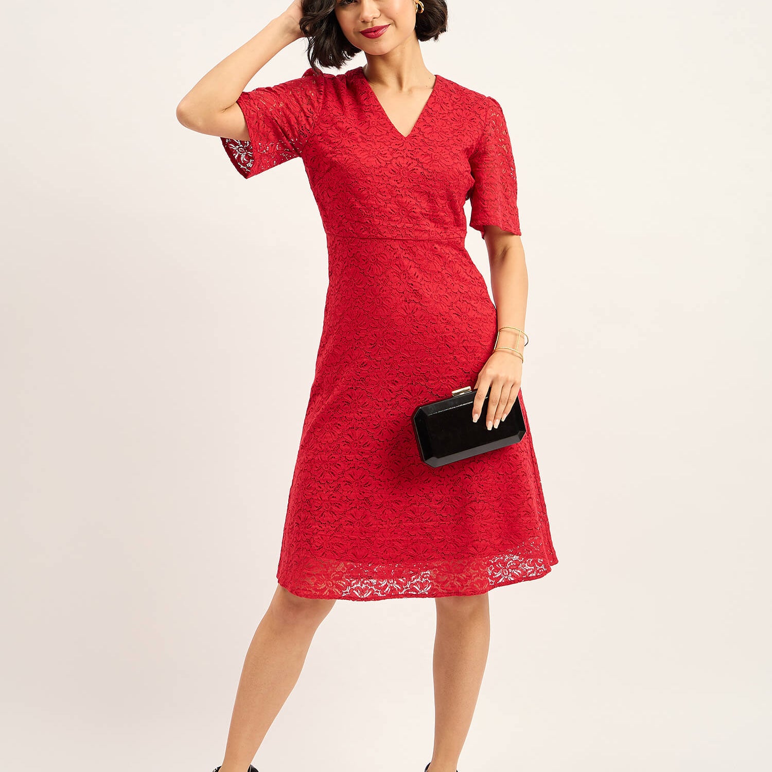 Delicate V Neck Fit And Flare Dress - Red