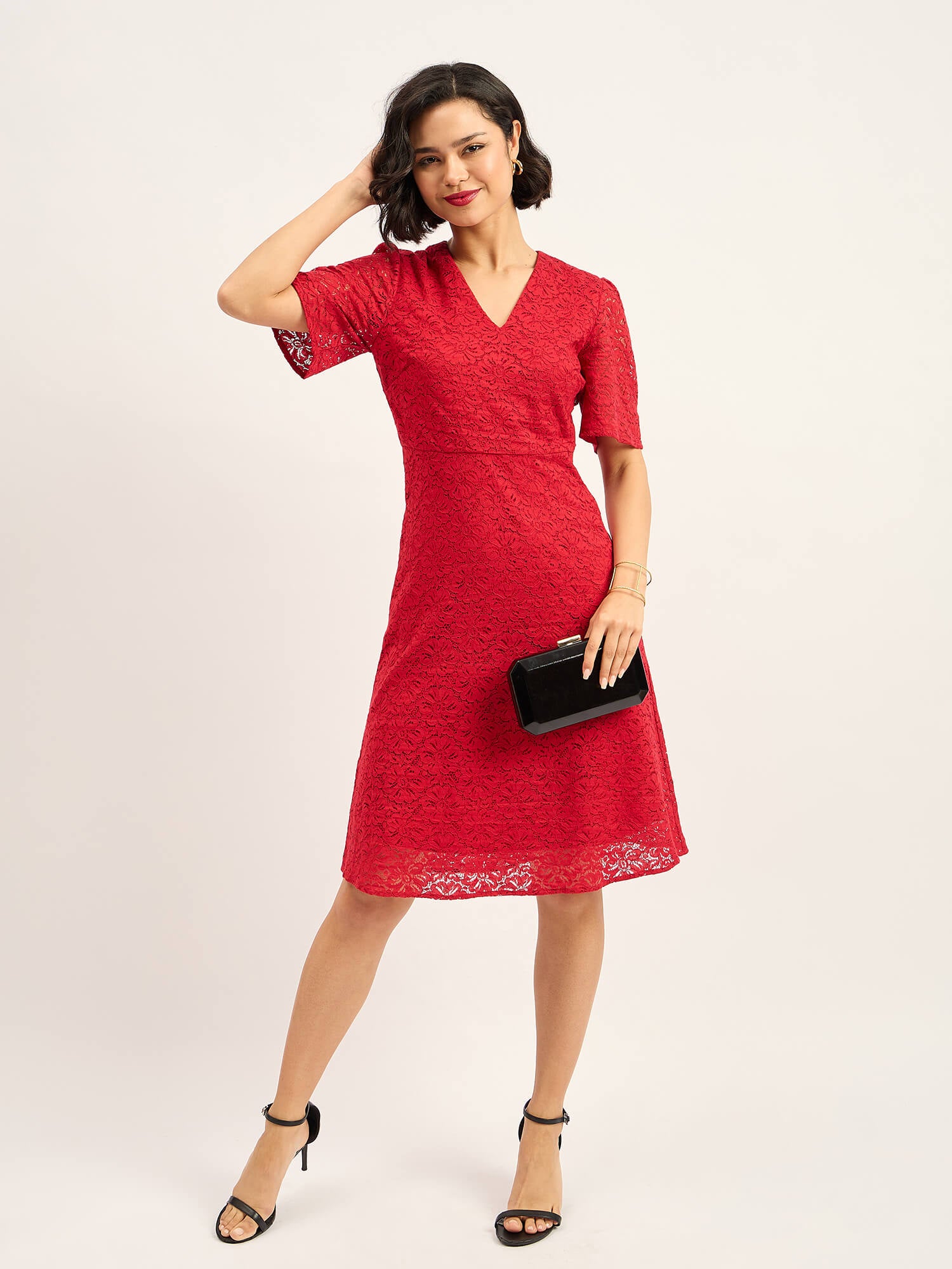 Delicate V Neck Fit And Flare Dress - Red