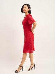 Delicate V Neck Fit And Flare Dress - Red