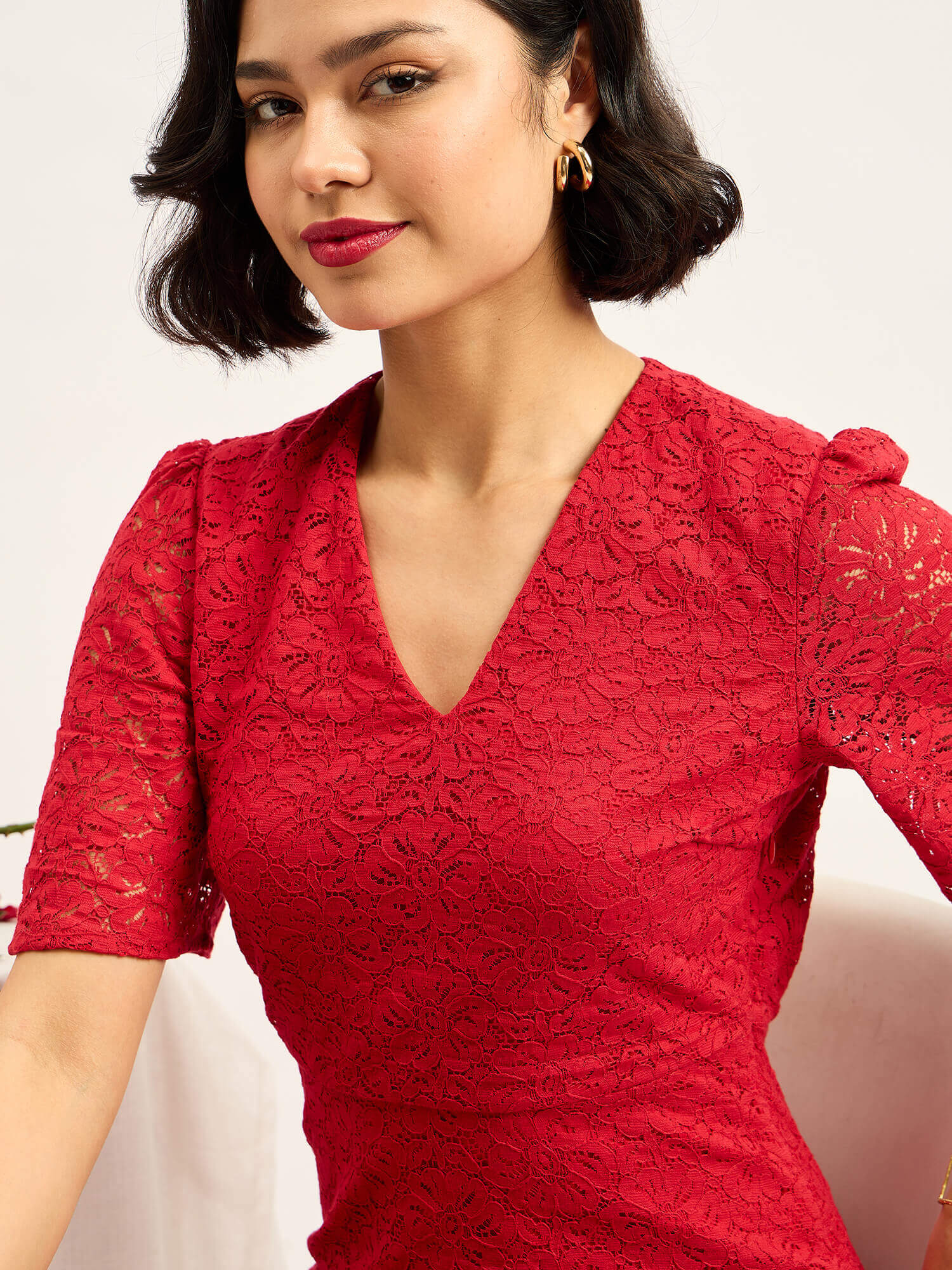 Delicate V Neck Fit And Flare Dress - Red