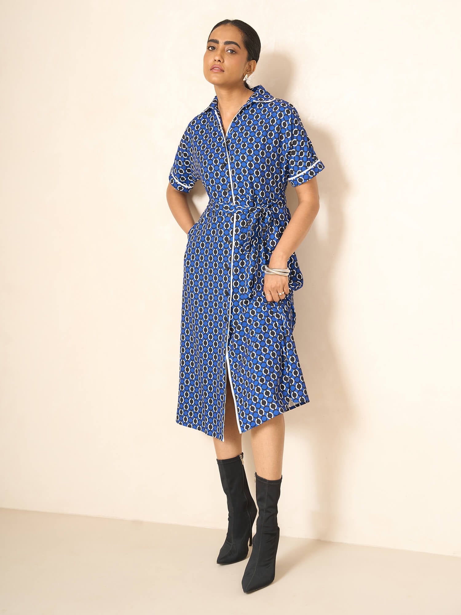 Presence Dolman Sleeve Shirt Dress-Navy&amp;white