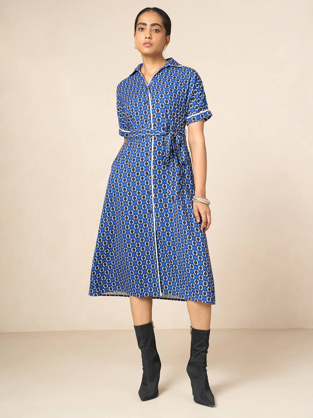 Presence Dolman Sleeve Shirt Dress-Navy&amp;white