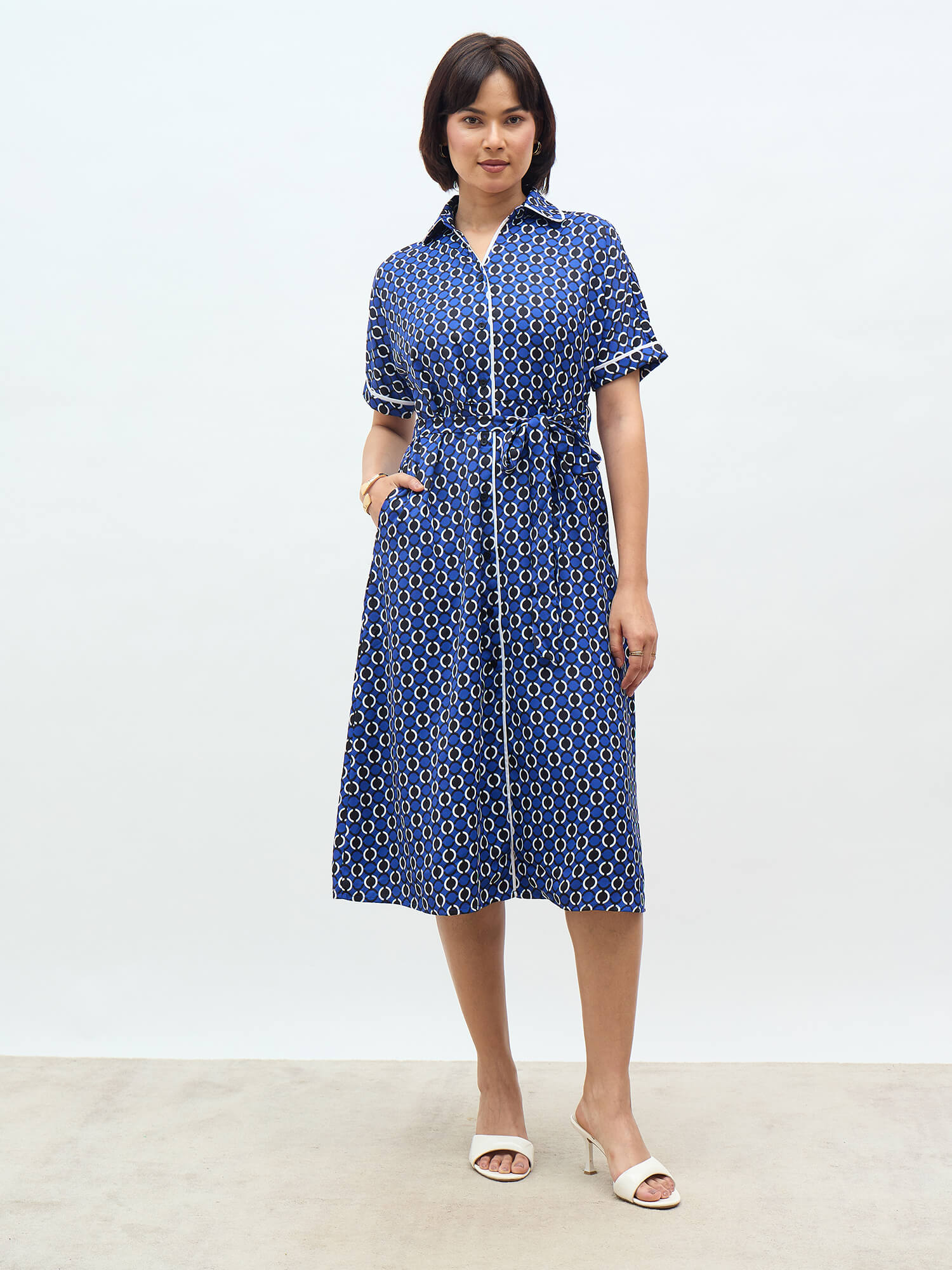 Presence Dolman Sleeve Shirt Dress-Navy&amp;white
