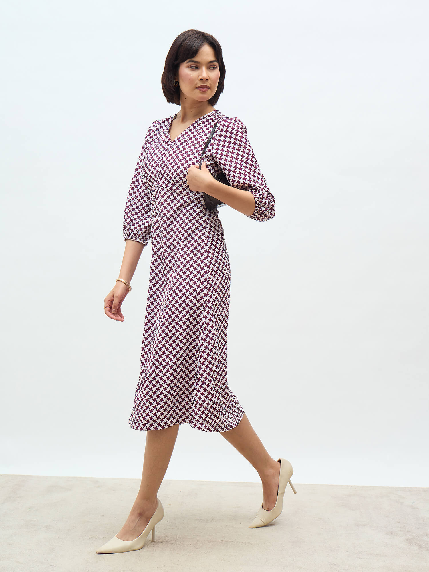 Turner Printed Faux Button Midi Dress-WINE