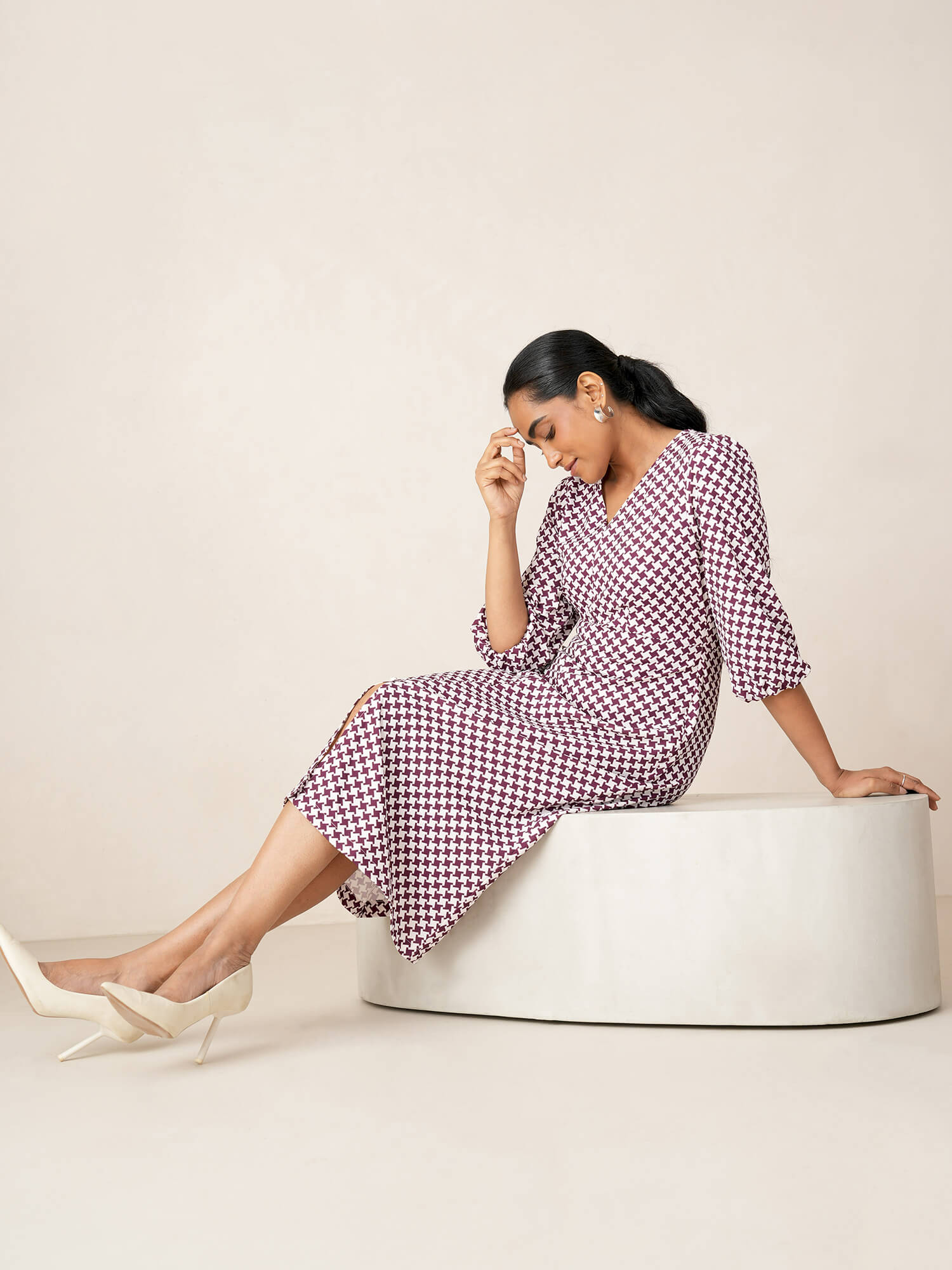 Turner Printed Faux Button Midi Dress-WINE