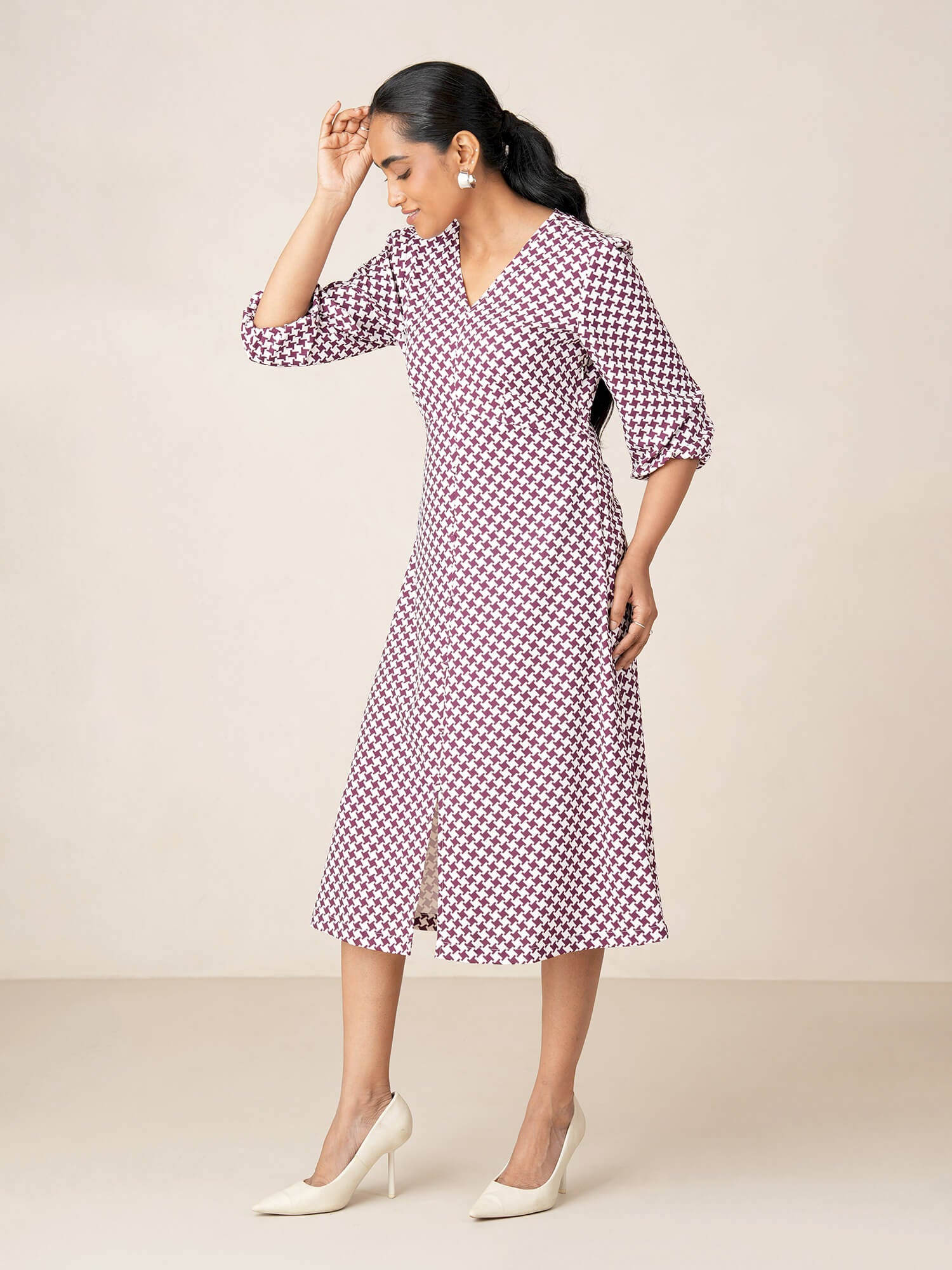 Turner Printed Faux Button Midi Dress-WINE