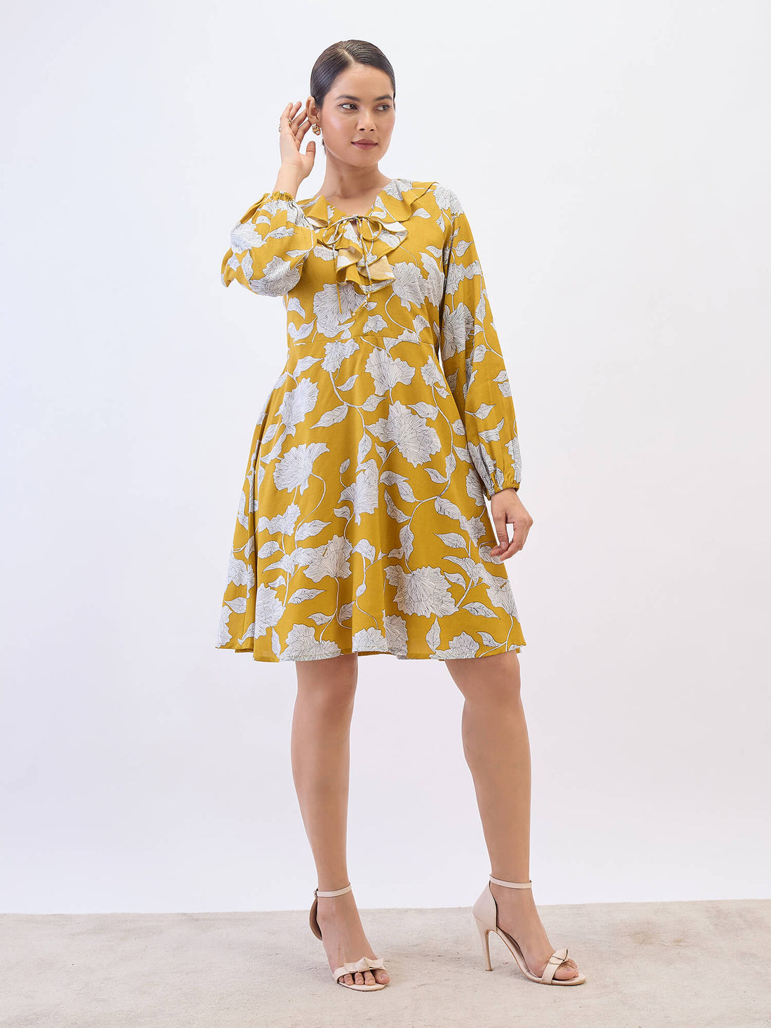 Regina Ruffle neck Dress-Mustard &amp; White