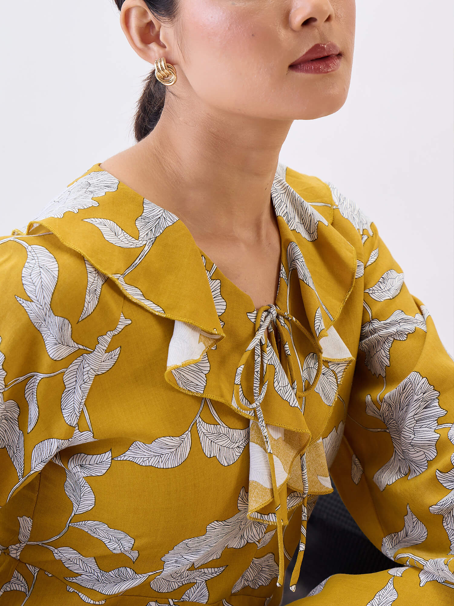 Regina Ruffle neck Dress-Mustard &amp; White