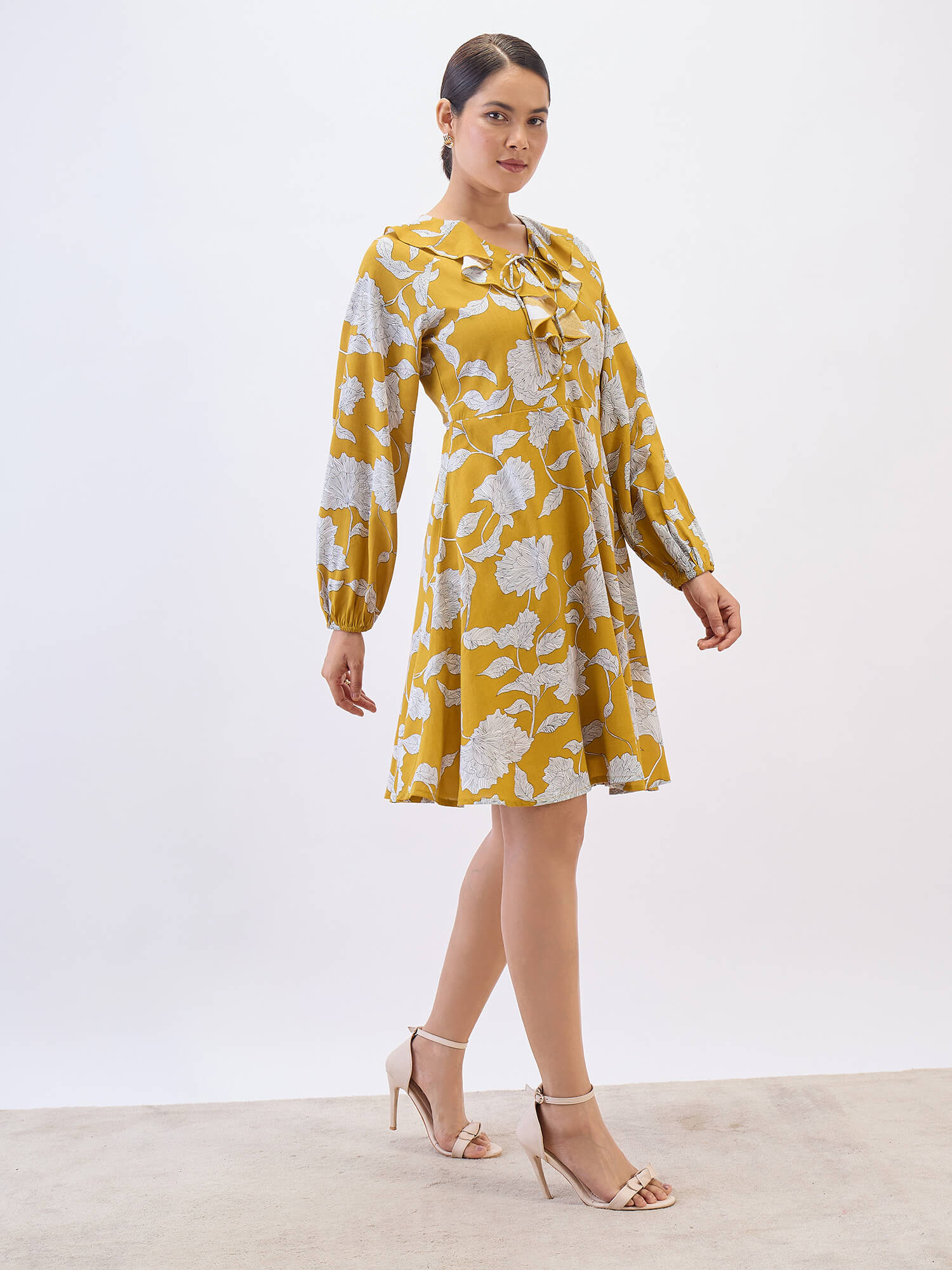 Regina Ruffle neck Dress-Mustard &amp; White - SALT Attire
