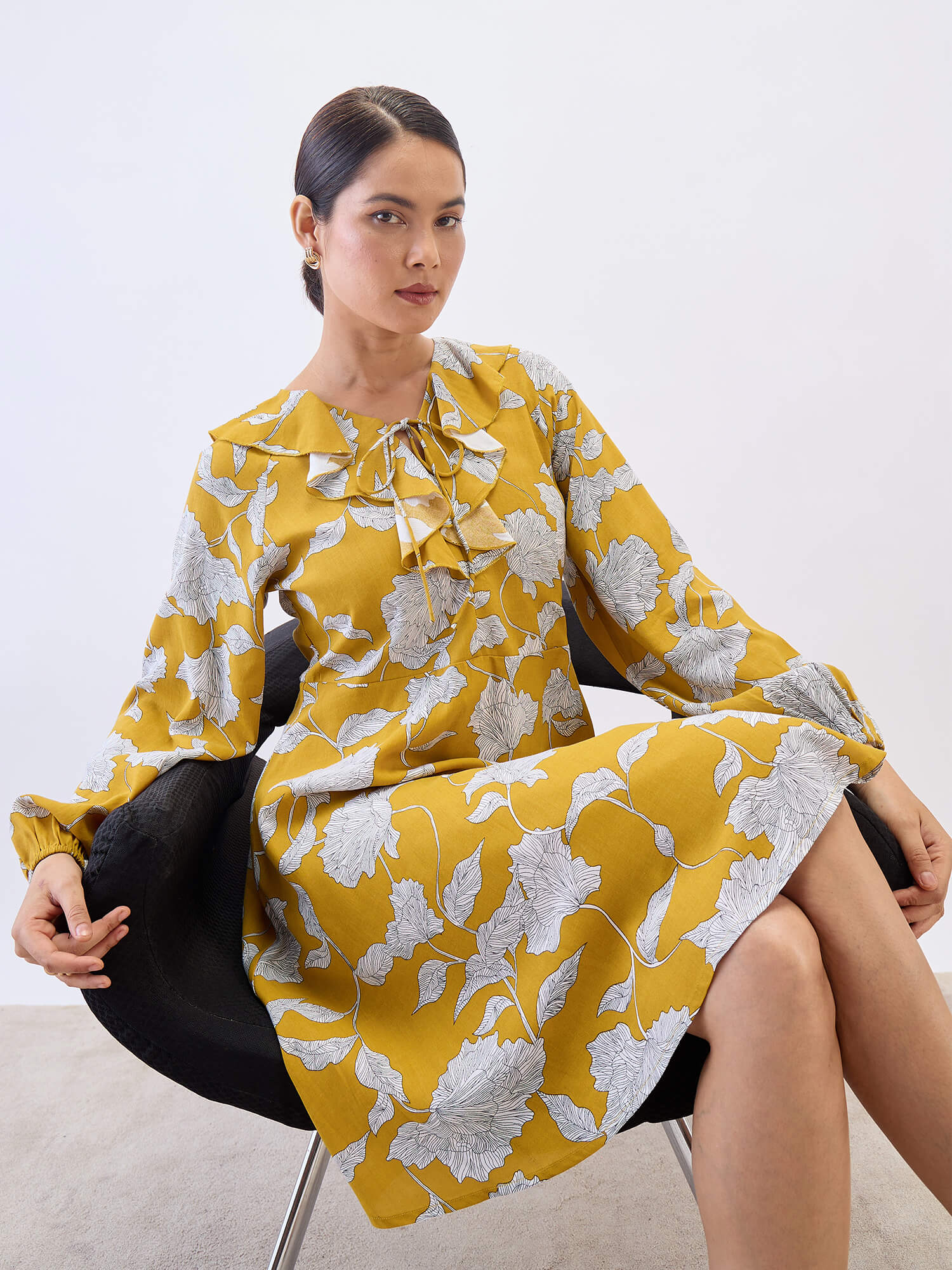 Regina Ruffle neck Dress-Mustard &amp; White