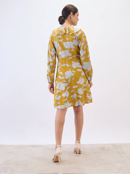Regina Ruffle neck Dress-Mustard &amp; White