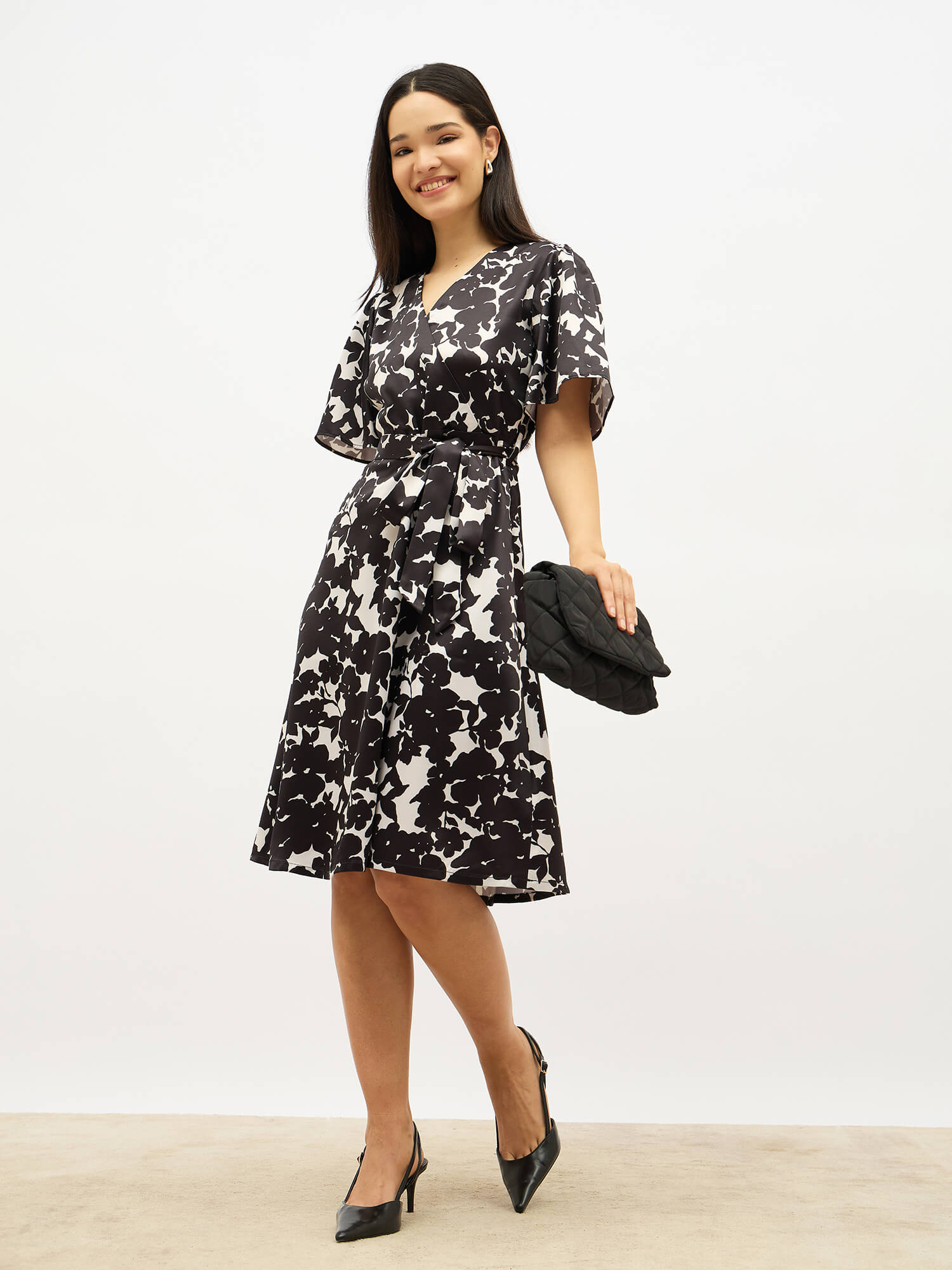 Juvina Faux Overlap Dress-Black &amp; Ivory