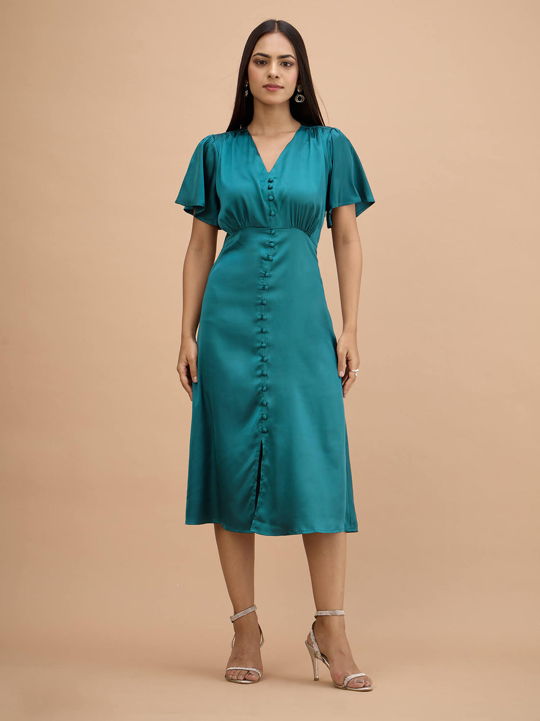 Milux Petal Sleeves Midi Dress-Teal