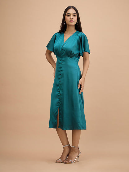 Milux Petal Sleeves Midi Dress-Teal