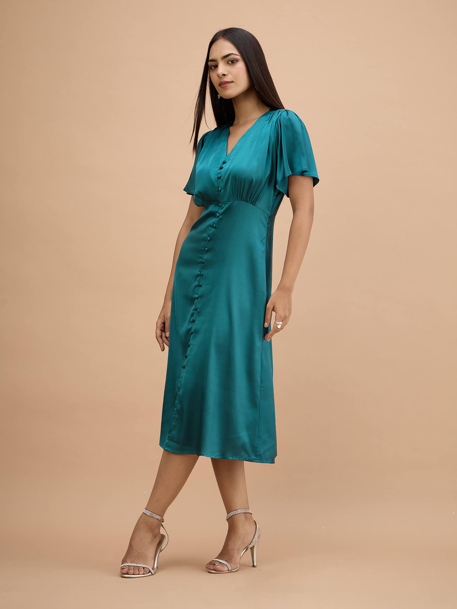 Milux Petal Sleeves Midi Dress-Teal