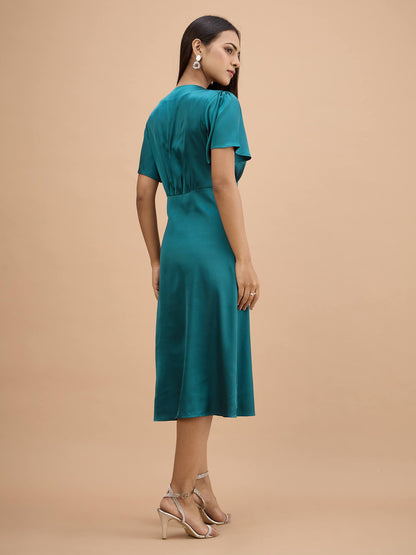 Milux Petal Sleeves Midi Dress-Teal