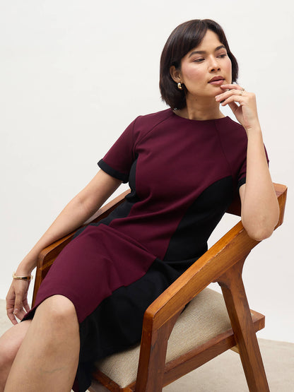 Aven Panelled Dress-Wine &amp; Black